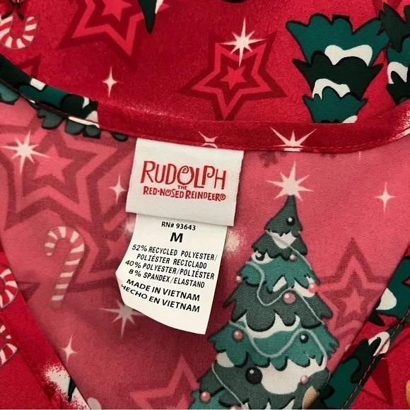 Rudolph Christmas Women’s V-Neck Medium 2 Pockets Multi Colored Scrub Top NWT - Picture 7 of 10